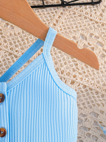 Girls' Summer Casual Floral Print Off-Shoulder Jumpsuit with Adjustable Waist Belt - Lightweight Breathable Shorts for Outdoor Play & Daily Wear, Blue & White Flower Design, Perfect for Weekend Outings, Cute Outfits for Girls