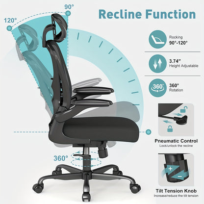 Ergonomic Office Chair with Adjustable Headrest &amp; Lumbar Support, Height-Adjustable Computer Desk Chair with Flip-Up Armrests, 360° Swivel, Breathable Mesh Backrest &amp; Seat, Durable Plastic Frame - Black for Home &amp; Office Use