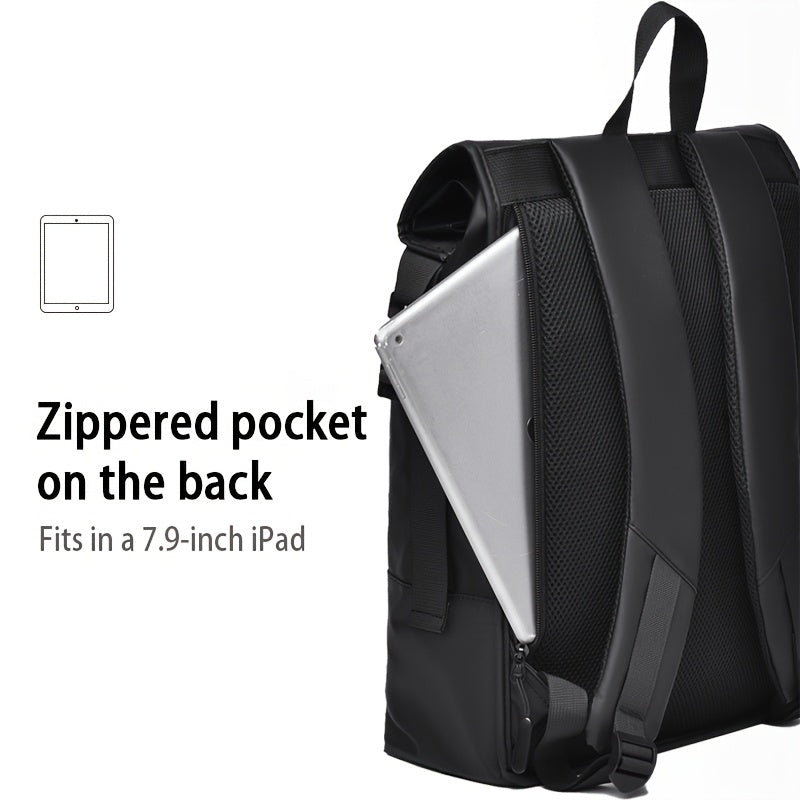 Mochila elegante com fecho de enrolar e compartimento para portátil - Tecido Oxford resistente, alças ajustáveis ​​e fecho de correr para aventuras ao ar livre.