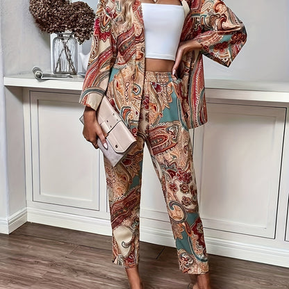 Boho Paisley Print Pants Set, Button Front Long Sleeve Blouse & Straight Leg Pants Outfits, Women's Clothing