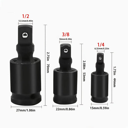 3-Piece Impact Socket Adapter Set - Universal Joint Set, 3-Piece Rotary U-Joint Sockets for Industrial, Automotive and Home Repair - Cr-Mo Steel, Fits 1/2", 3/8", 1/4" Drive - Mechanical Operation, No Electricity Require