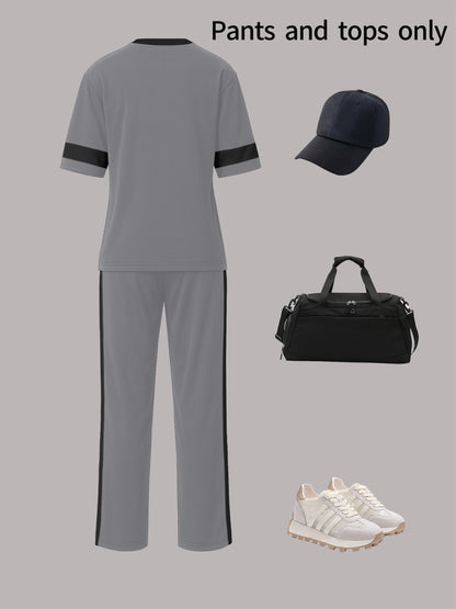 Autumn Fashion Trend: Color-Block Round Neck Short Sleeve T-Shirt + Casual Loose-Fit Elastic Waist Straight-Leg Pants Women's Two-Piece Set