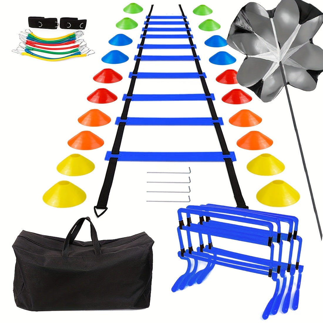 A Set Of Football Training with Agility Ladder, Cones, Adjustable Hurdles, Resistance Parachute, Bands & Large Bag. Perfect for Football, Basketball, Tennis, Baseball, Rugby & More. Ideal Gift for Speed, Agility & Strength Tr