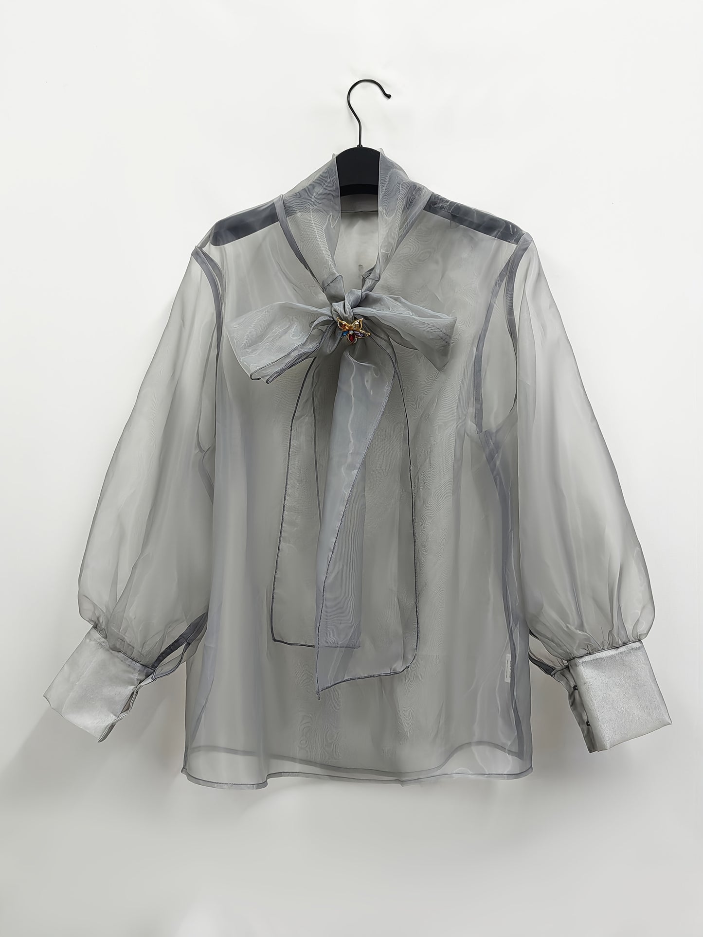 Elegant Plus Size Women'S Blouse with Sexy Bow Collar, Bubble Sleeves, and Pearl Accents - Chic Solid Color Non-Stretch Fabric for All Seasons, Plus Size Blouses