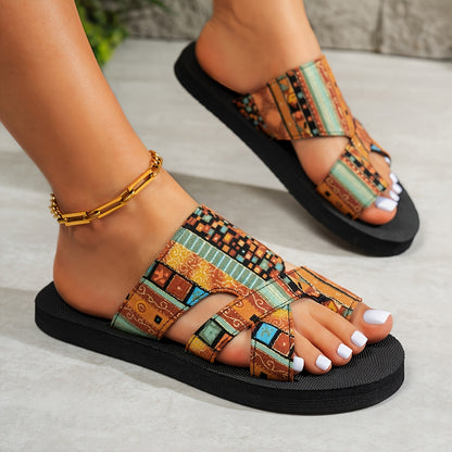Women'S Bohemian Style Breathable Mesh Slide Sandals - Comfortable Flat Open-Toe Slippers with Cover Patches, Black/Red/Brown, Casual Summer Outdoor Shoes, Breathable Slippers | Bohemian Style | Geometric Pattern