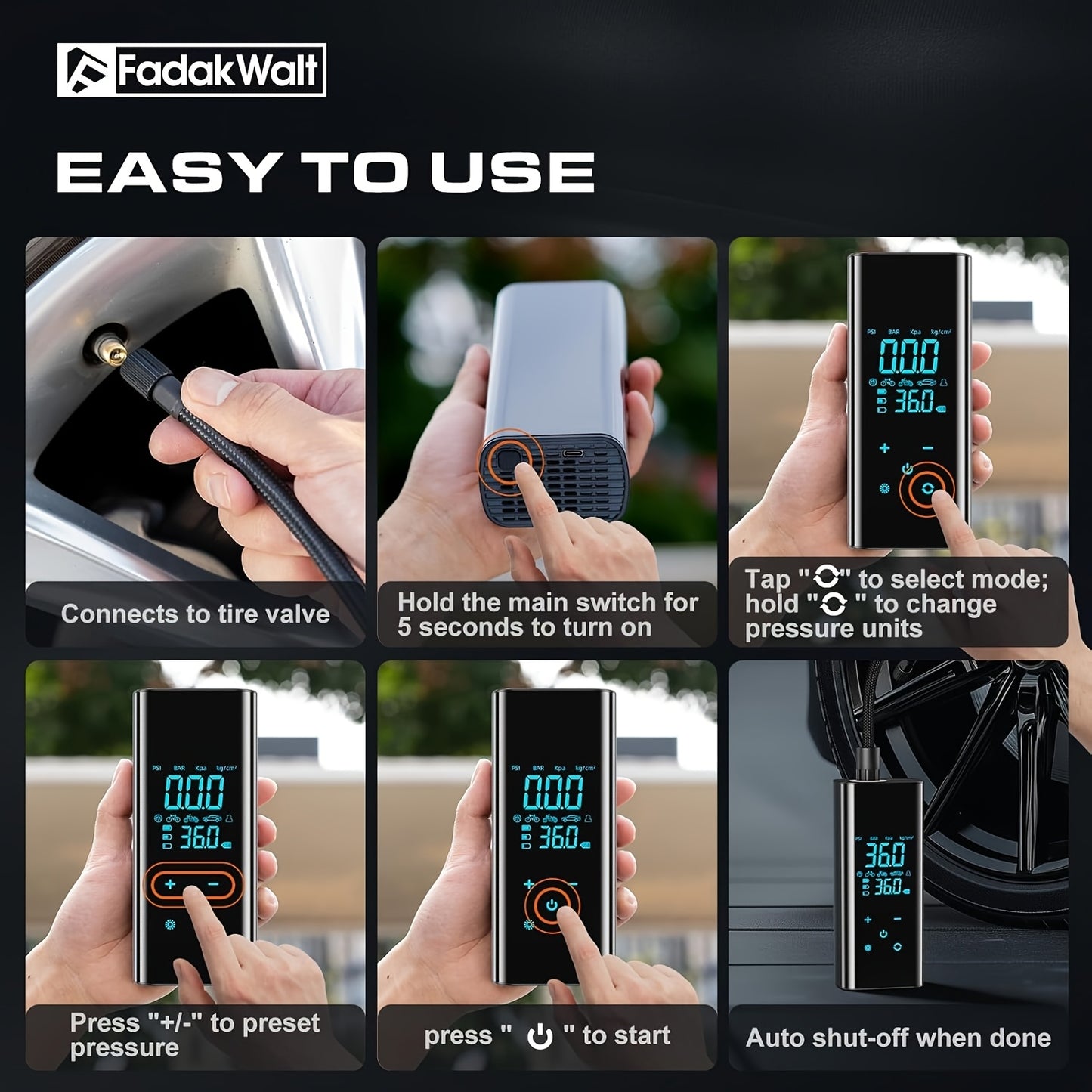 Recommendation: 150PSI High-Speed Inflator Pump with Intelligent Digital Display And Emergency Tire Repair Light. Suitable for Inflating Cars, Motorcycles, Bicycles, And Various Balls. Obsidian Black Version.