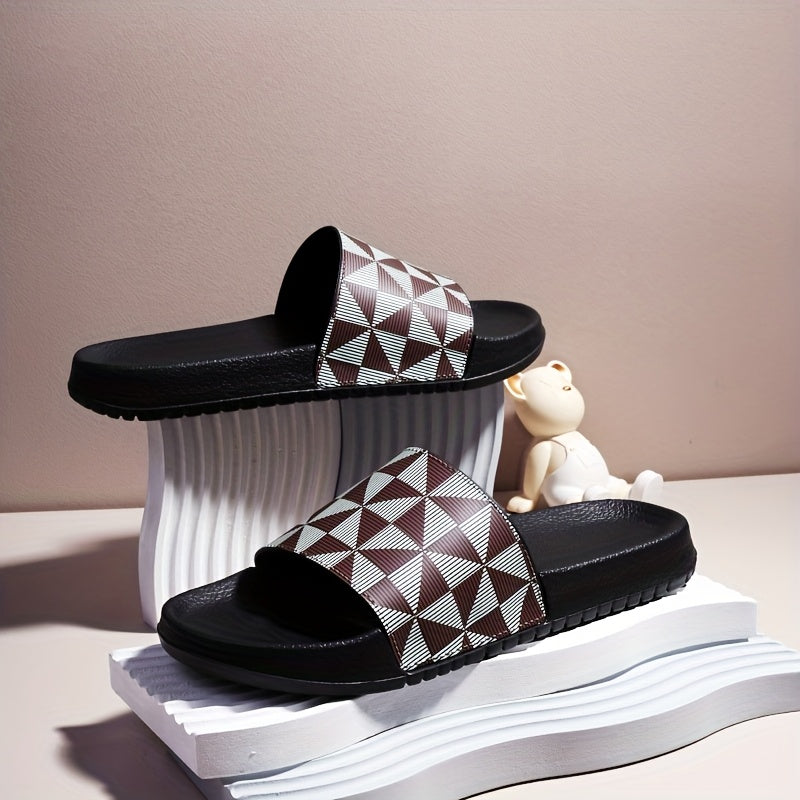 Men's Summer Slide Sandals - Non-Slip Soft Sole Casual Slippers with Geometric Pattern, Black & Gray, Comfortable for Indoor & Outdoor Use