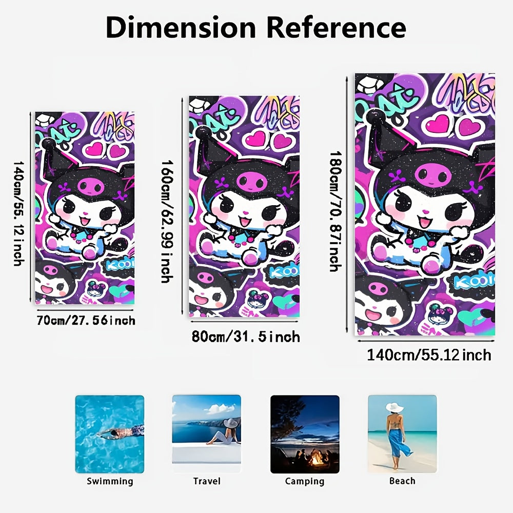 1pc Sanrio Kuromi Cartoon Beach Towel - Quick-Dry Microfiber Oversized Bath & Beach Towel with Vibrant Purple & Pink Anime Design, Hearts, Stars & Playful Phrases for Pool, Travel, Bath, Poolside Accessory, Playful Design, Qu