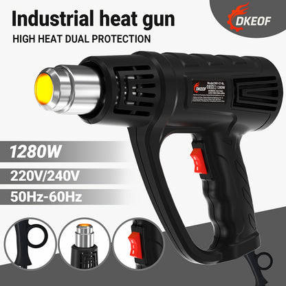 DKEOF Turbo Heat Gun Pro - 1280W High-Power Industrial Heat Gun with 4-Nozzle Kit, 100-600°C Precision Temperature Control, Overheat Protection, Durable Construction, Ergonomic Design, Heavy-Duty Metal Construction for Weldi