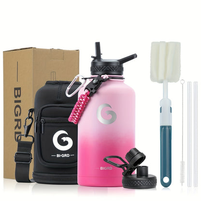 1pc BIGRD 40Oz 64Oz Insulated Water Bottle 304 Stainless Steel Spray Coating Dishwasher Safe, with 2 Lids, Sling Cup Sleeve, Hand-Held Braided Rope, Cup Brush, 2 Straws And Straw Brush, Color Box Packaging