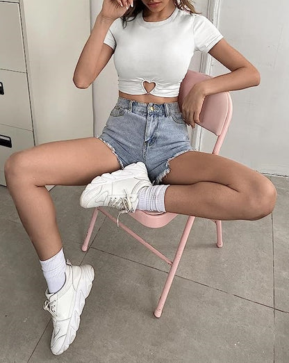 Heart Shaped Cutout Crew Neck T-Shirt, Casual Short Sleeve Top For Spring & Summer, Women's Clothing