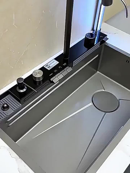 A Single-bowl Design Named 'Whale Rainfall Kitchen Sink' For Halloween And Christmas, Crafted From 304 Nanometre Stainless Steel. Features A Digital Display And Embossed Texture, Complete With Tap. Drainage Outlet Positioned