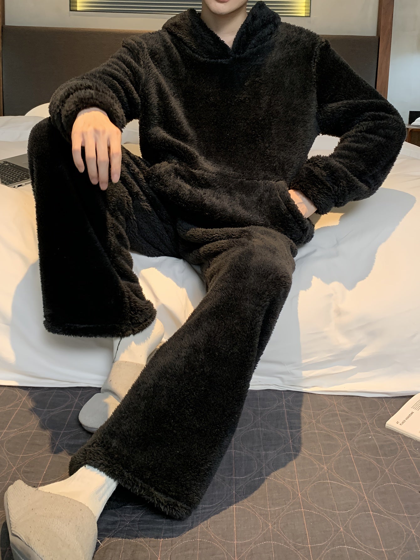 Men's Coral Velvet Pajamas Autumn and Winter Thickened Velvet Winter Hooded Flannel Warm Youth Pajama Set