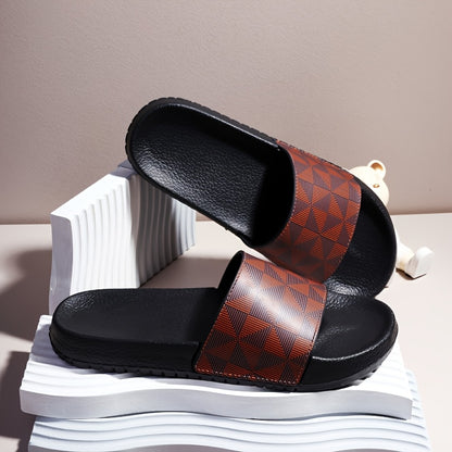 Men's Summer Slide Sandals - Non-Slip Soft Sole Casual Slippers with Geometric Pattern, Black & Gray, Comfortable for Indoor & Outdoor Use