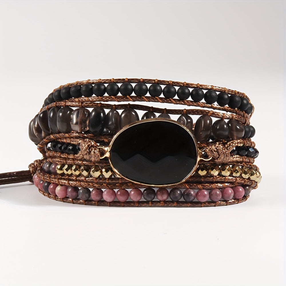 Bohemian Style Handmade Beaded Bracelet, Natural Stone Glass Wax Rope 5-Strand Wrap Bracelet for Women