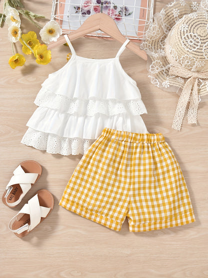 Cute Ruffle Lace Top & Check Shorts Two-Piece Set - White Blouse with Yellow Bow, Yellow & White Gingham Shorts, Perfect for Spring/Summer, Casual Playwear|Ruffle Detail Top|Nonstretch Fabric, for Outdoor