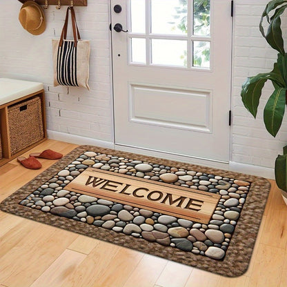 2D Welcome Home Non-Slip Door Mat - Durable, Machine Washable Mat with Stone Pattern &amp; Wood Texture Design - Perfect for Farmhouse Decor, All-Season Use, Polyester Material, Welcoming Entrance Mat | Natural Look Rug | Wooden