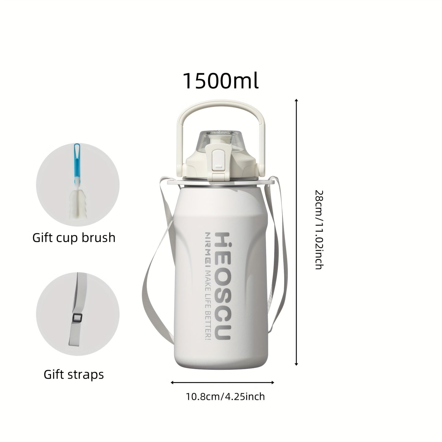 Garrafa térmica em aço inoxidável, mantém a temperatura quente ou fria durante 24 horas, com palhinha e pega/correia, caneca térmica de viagem com parede dupla, livre de BPA.