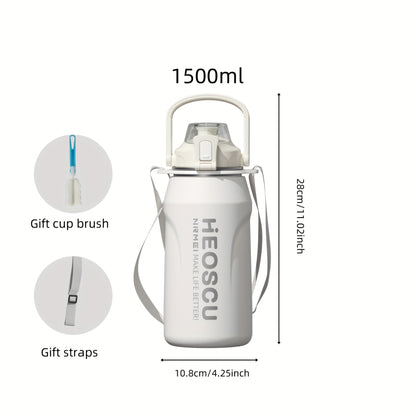 Garrafa térmica em aço inoxidável, mantém a temperatura quente ou fria durante 24 horas, com palhinha e pega/correia, caneca térmica de viagem com parede dupla, livre de BPA.