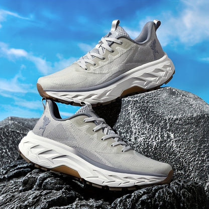 Calçado desportivo para homem para todas as estações, sola macia MD, topo em malha respirável, design leve, sola grossa, calçado moderno para corrida, viagens, caminhadas e campismo.