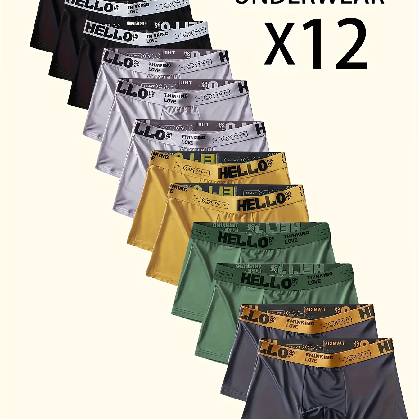 12pcs Men's Boxer Briefs, HELLO Letter Waistband, Breathable Soft Casual Fashion Sports Underwear, Plus Size Boxers for Men, Pouch Boxer, White Boxer Briefs for Men, Daily Essentials, Active Lifestyle, Letter Print, Sleek Wai