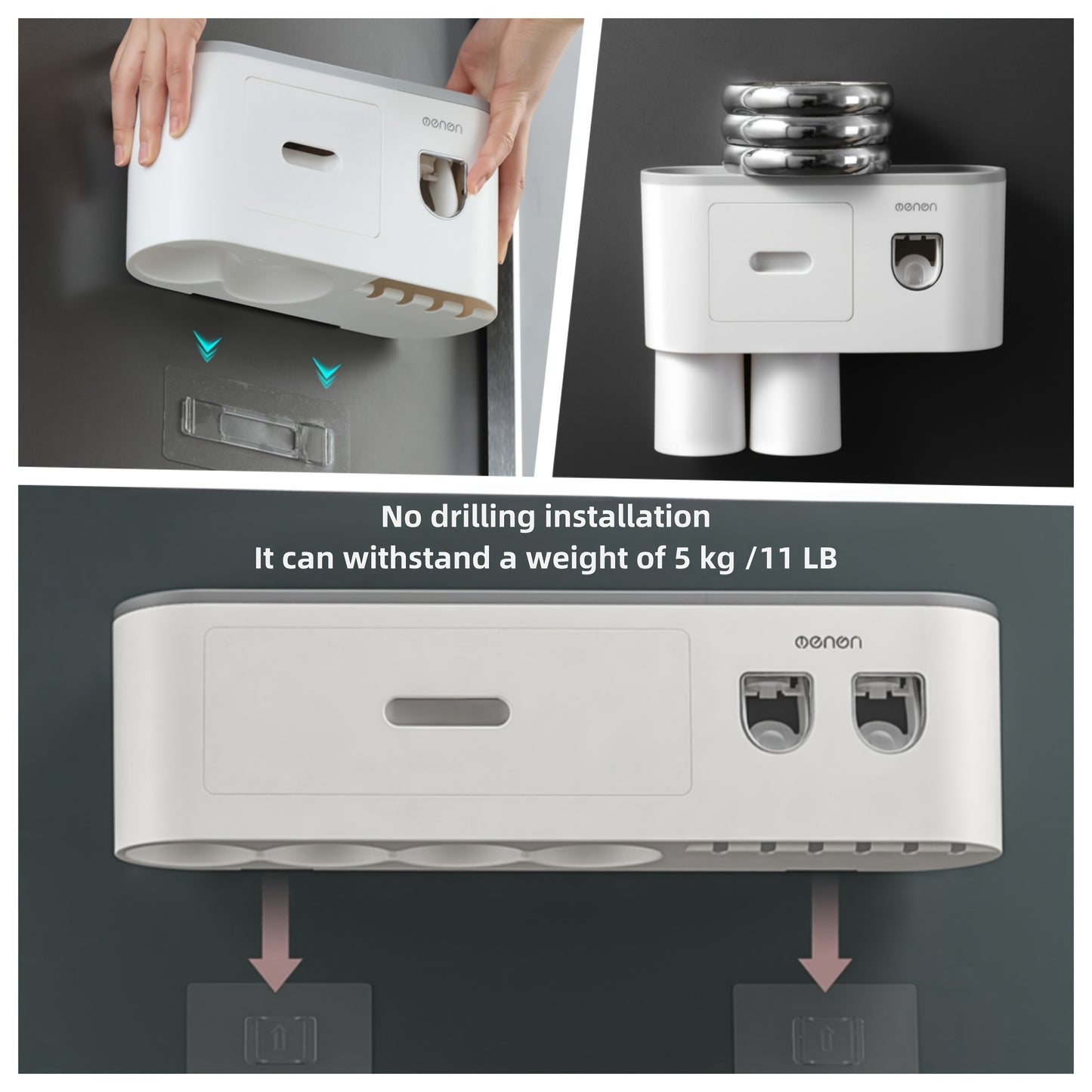 No Drill Adhesive Wall-Mounted Modern White Bathroom Organizer Set with 2-in-1 Magnetic Toothpaste Dispenser & Multi-Tier Storage Shelf - Space-Saving Over Sink Organizer with Suction Cup Hooks, Durable Plastic Construction f