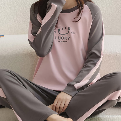 Women'S Cozy Long Sleeve Pajama Set - Soft Pink & Gray, "Lucky Day" Design, Casual Crew Neck, Long Length, Perfect for Fall/Winter, Comfortable Home Wear, Cozy Clothing | Playful Design | Soft Fabric, Ladie Long Sleeve Nightd