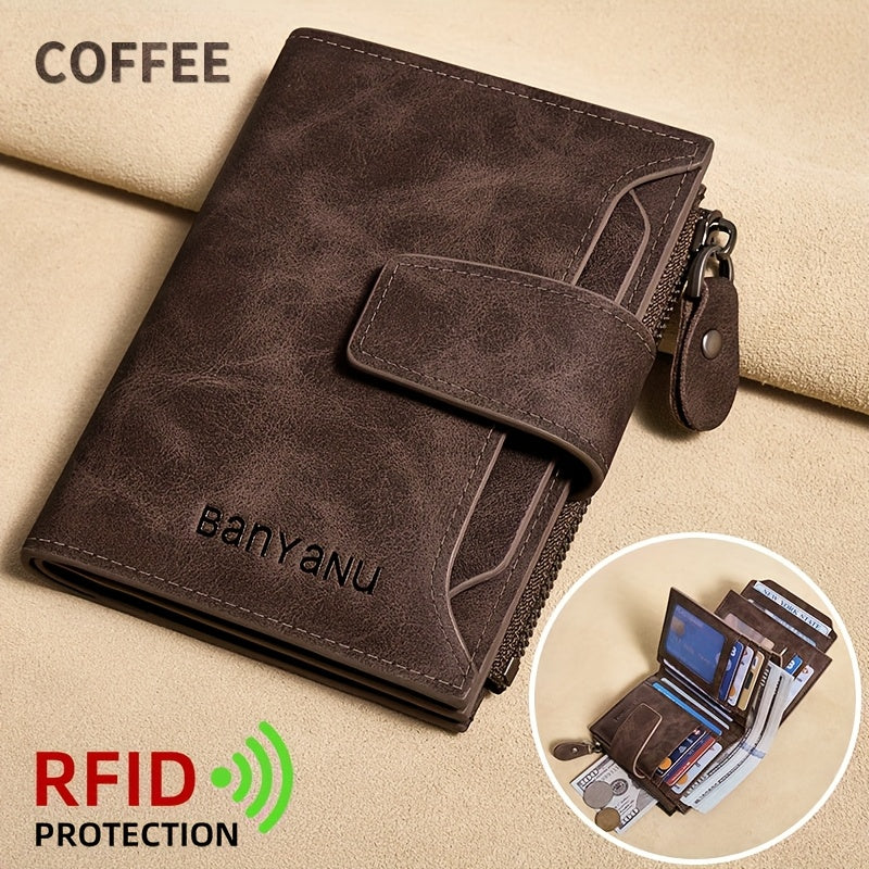 BANYANU Vintage Genuine Leather Wallet for Men - RFID Blocking, 17 Card Slots, Zippered Coin Pocket &amp; Independent Card Holder, Brown, Perfect Father'S Day Gift, Secure Card Storage | Vintage Wallet | Durable Zipper Closure, B