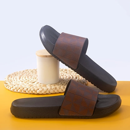 Men's Summer Slide Sandals - Non-Slip Soft Sole Casual Slippers with Geometric Pattern, Black & Gray, Comfortable for Indoor & Outdoor Use