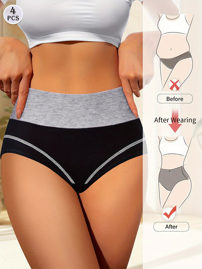 4-Pack High-Waisted Tummy Control Women's Panties, Fashionable Color-Block Comfort Fit Briefs