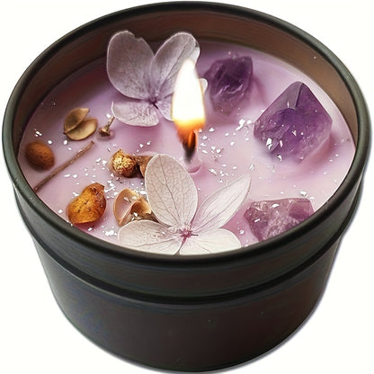 Elegant Lavender Scented Candle in Black Tin - Aesthetic Purple Crystals &amp; Petals Design, Soft Fragrance Natural Soy Wax - Ideal for Relaxation &amp; Home Decor, Perfect Women's Gift, Relaxation Candle|Spa Atmosphere Candle|Black
