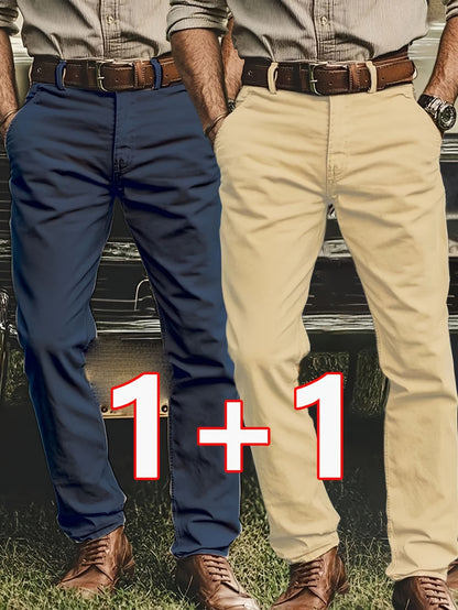 2pcs Men's Stretch Chino Pants - Straight-Leg Business Casual Trousers with Elastic Waistband, All-Season Formal &amp; Everyday Pants for Office, Meetings, and Casual Attire, Modern Pants, Comfortable Fit, Versatile