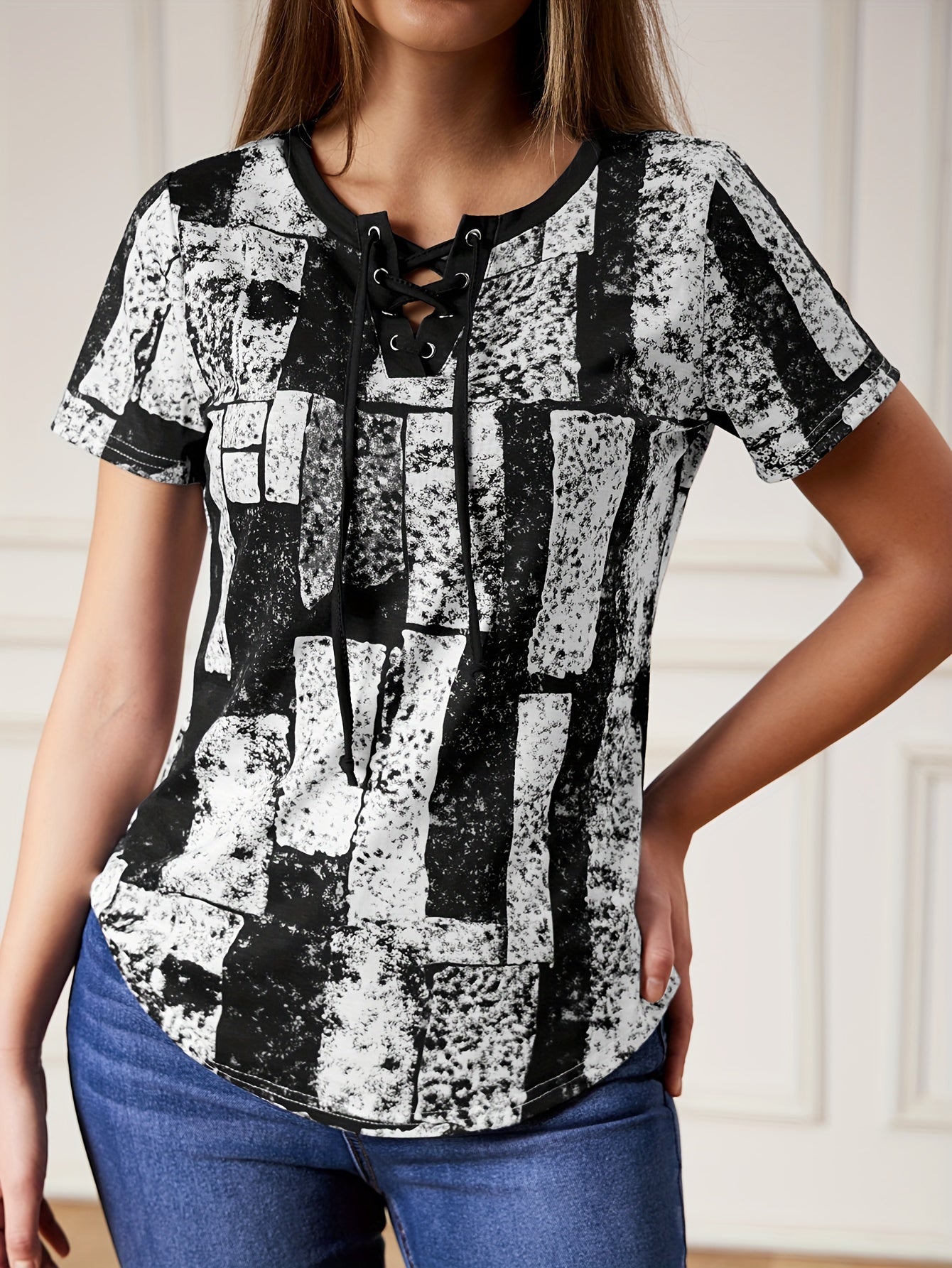 Graphic Print Lace Up V Neck T-shirt, Summer Casual Short Sleeve Top, Women's Clothing