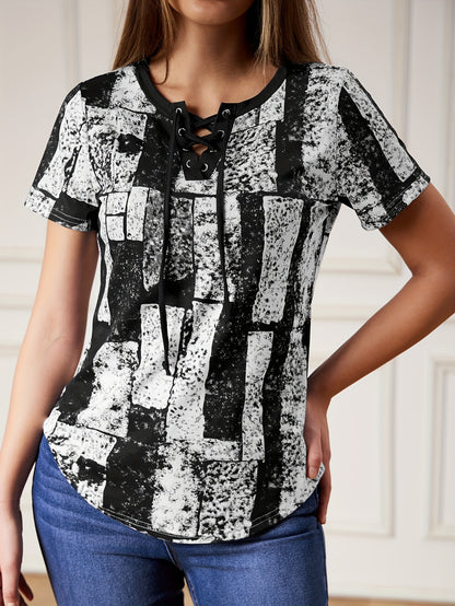 Graphic Print Lace Up V Neck T-shirt, Summer Casual Short Sleeve Top, Women's Clothing