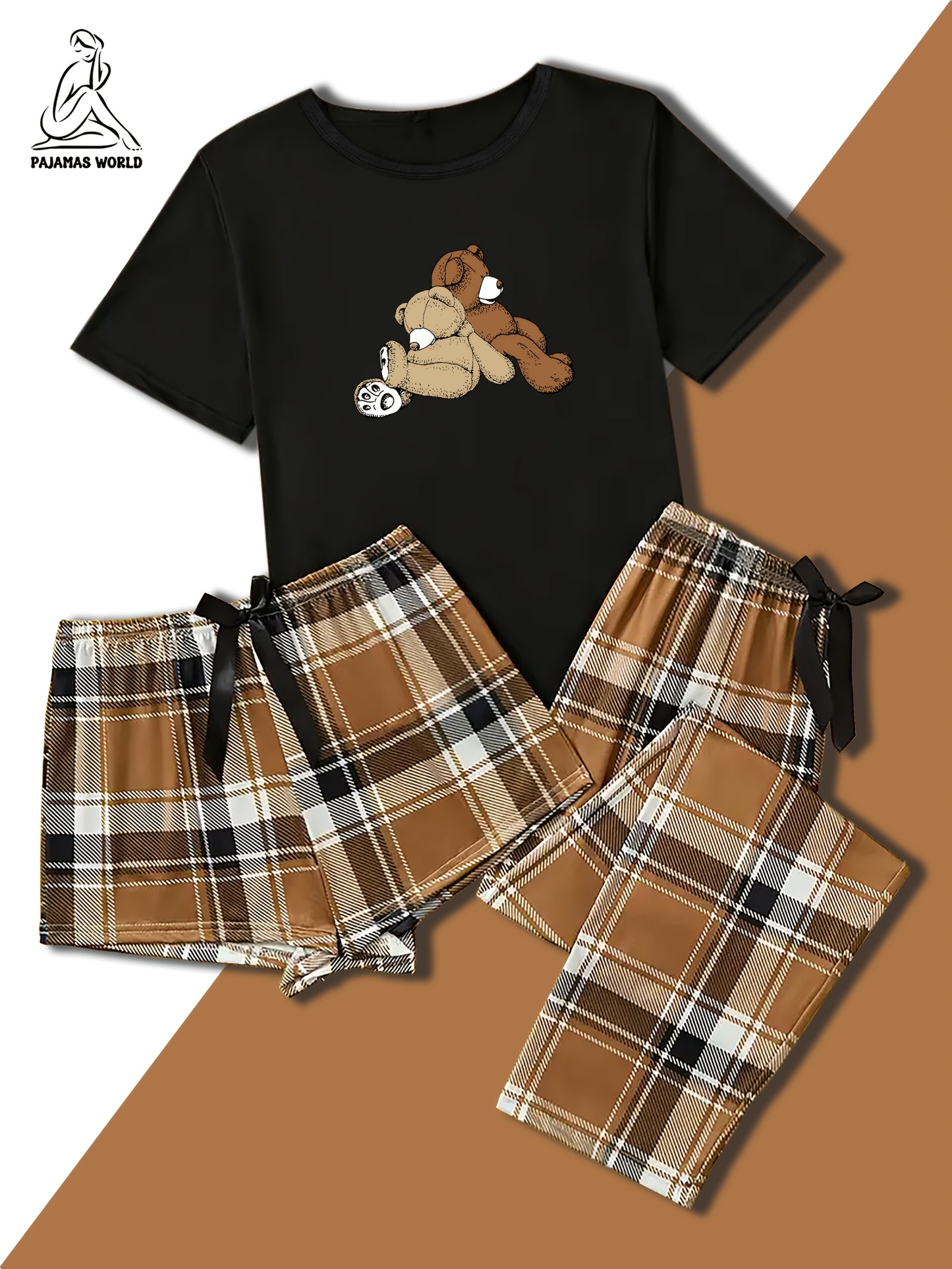Conjunto de pijama casual para mulher com estampado de urso e xadrez - Blusa de manga curta macia e larga com cintura elástica, calças compridas e calções, roupa de dormir aconchegante para o outono/inverno