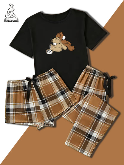 Conjunto de pijama casual para mulher com estampado de urso e xadrez - Blusa de manga curta macia e larga com cintura elástica, calças compridas e calções, roupa de dormir aconchegante para o outono/inverno
