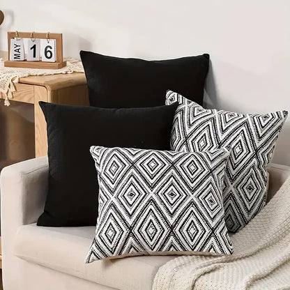4pcs Bohemian Geometric Print Square Throw Pillows - Black & White Modern Boho Decor with Zipper Closure, Machine Washable Cushions for Sofa, Bed, Living Room, Kitchen - 14x14, 16x16, 18x18, 50.8x50.8 cm - Single-Sided Decora
