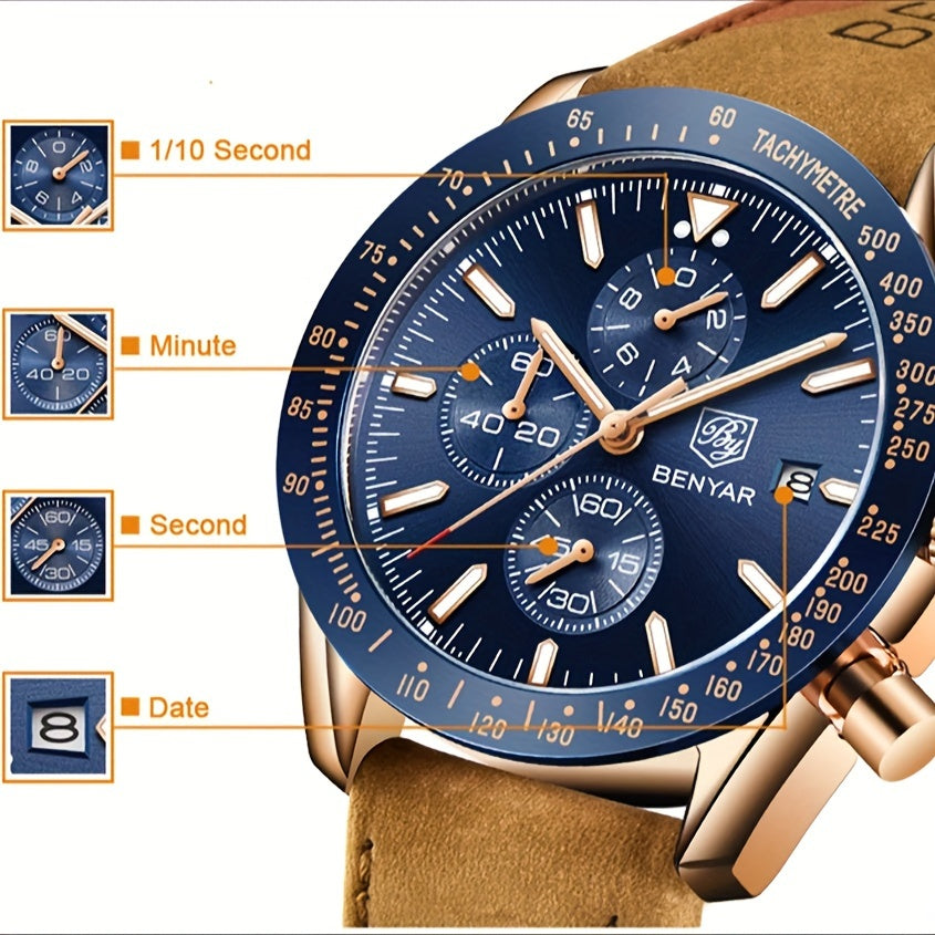 BY BENYAR Men'S Quartz Chronograph Watch - Luminous, Stainless Steel, Blue Dial with Date & Stopwatch, Faux Leather Strap, Elegant Business & Casual Style, Perfect Gift for Men, Professional Chronograph | Sleek Watch Design |