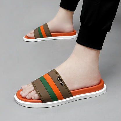 Men's Casual Slip-On Slippers - Breathable Synthetic & Rubber Sole, Lightweight Comfortable Indoor/Outdoor House Shoes with Random Pattern Design, House Slippers