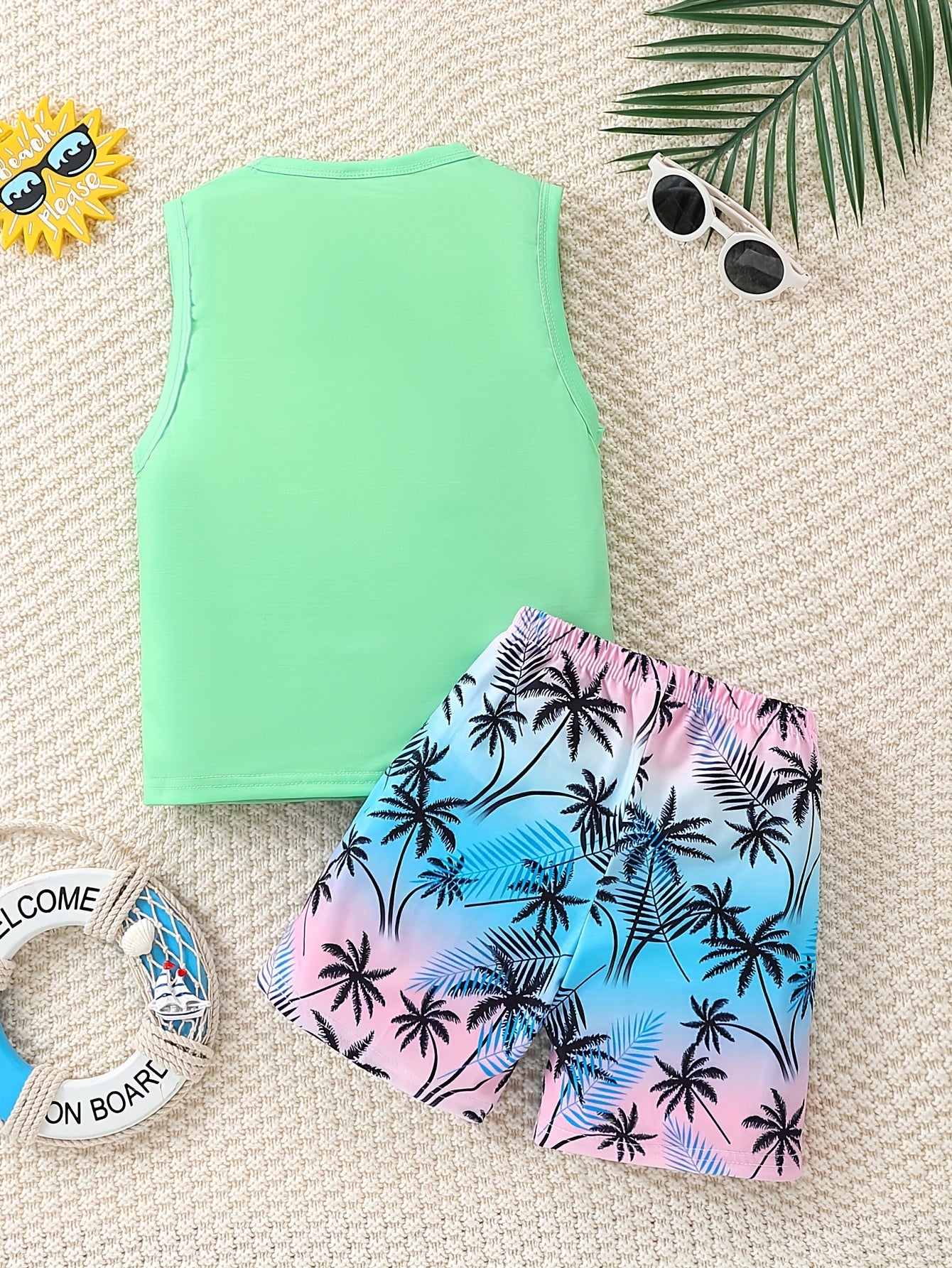 Boy's Coconut Trees Casual Outfit Round Neck Tank Top & Shorts Comfortable Breathable For Summer Kids Clothes Sets, Ideal For Daily & Outdoor Wear