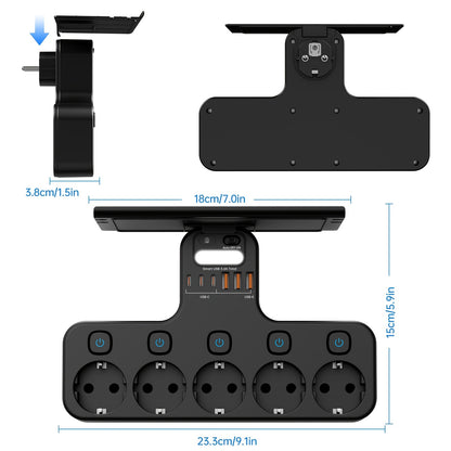 European 5-Pin Socket Extension with 3 USB-A and 3 USB-C Ports, Overload Protection, Smart Light Sensor, 4000W, 16A, Ideal for Home, Outdoor, and Office Use, Outdoor Power Supply, Modern Power Outlet, Durable Power Outlet