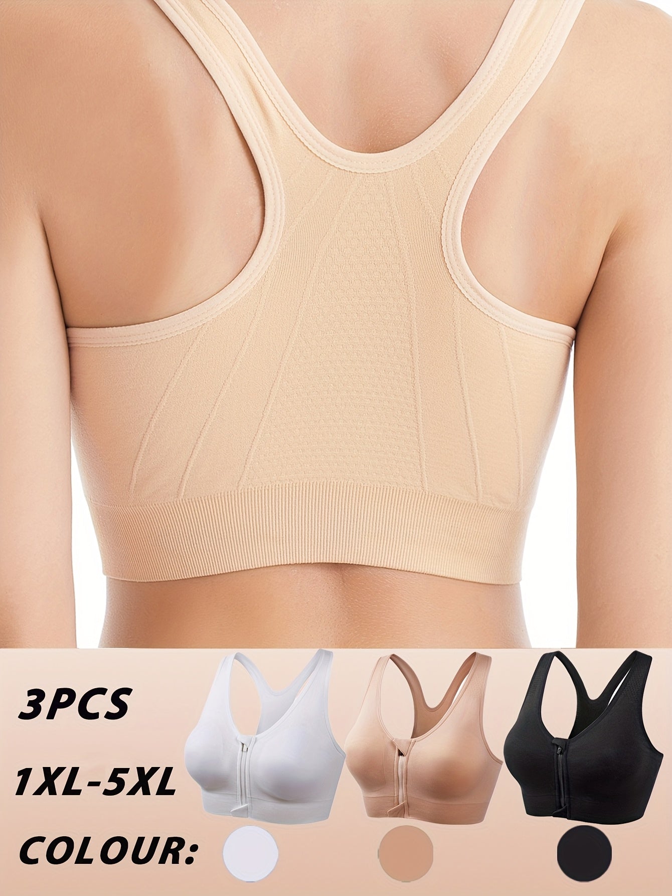 3pcs Plus Size Front Zipper Bras - No Underwire & Removable Pads, Breathable Mesh Running Bras for Women, 1XL-5XL (Navy/Black/Purple), Casual swear, Sleek y Look, Comfortable Fit