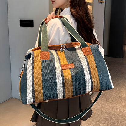 Striped Retro Short-Term Travel Bag for Women, Lightweight Handheld Luggage with Large Capacity
