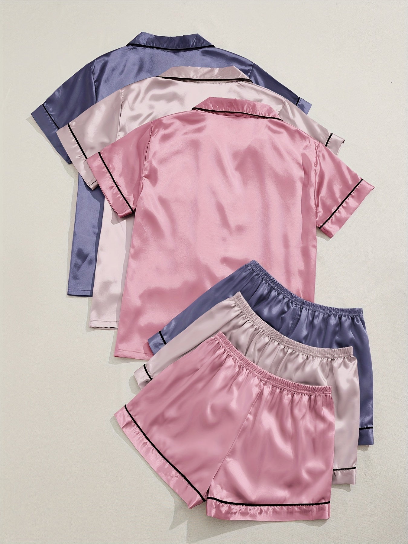 3 Sets Satin Pajama Set, Short Sleeve Lapel Top &amp; Elastic Waistband Shorts, Women's Sleepwear &amp; Loungewear