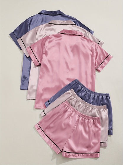3 Sets Satin Pajama Set, Short Sleeve Lapel Top &amp; Elastic Waistband Shorts, Women's Sleepwear &amp; Loungewear