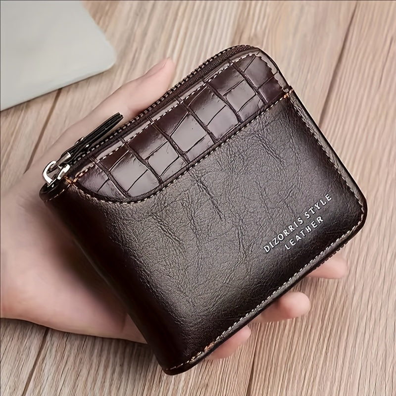 Luxury PU Leather Men's Wallet with RFID Blocking Technology, Zipper Closure & Multi-Compartment Design - Brown/Tan Crocodile Texture, Golden-Tone Hardware, Coin Pocket & Card Holder - Elegant Gift for Men, Durable Everyday W