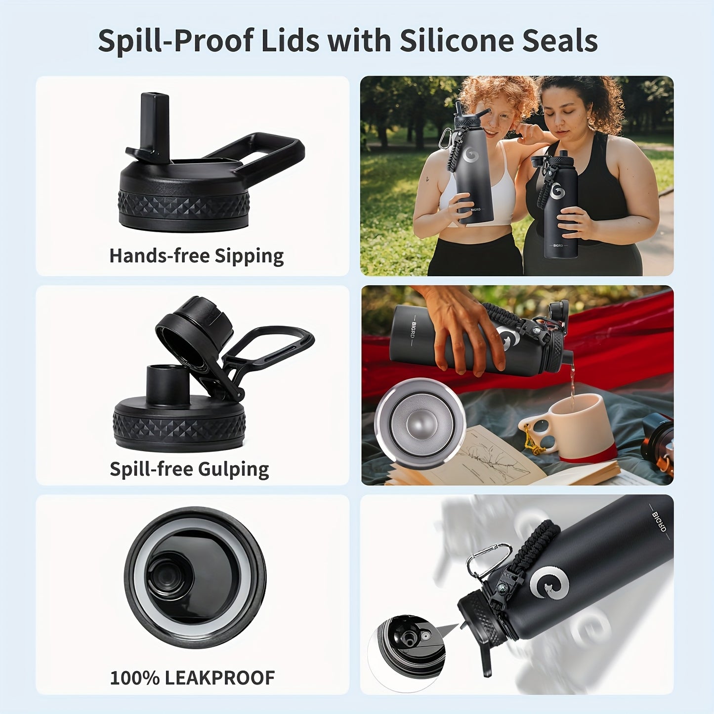 1pc BIGRD 40Oz 64Oz Insulated Water Bottle 304 Stainless Steel Spray Coating Dishwasher Safe, with 2 Lids, Sling Cup Sleeve, Hand-Held Braided Rope, Cup Brush, 2 Straws And Straw Brush, Color Box Packaging