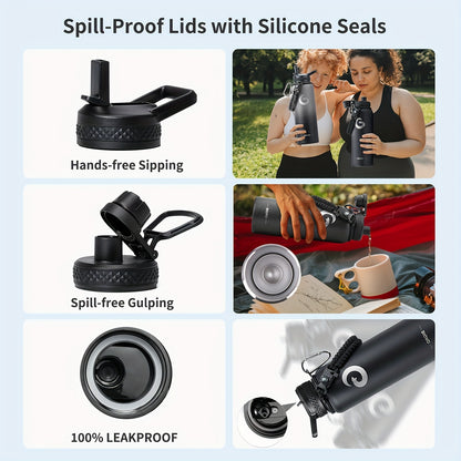 1pc BIGRD 40Oz 64Oz Insulated Water Bottle 304 Stainless Steel Spray Coating Dishwasher Safe, with 2 Lids, Sling Cup Sleeve, Hand-Held Braided Rope, Cup Brush, 2 Straws And Straw Brush, Color Box Packaging