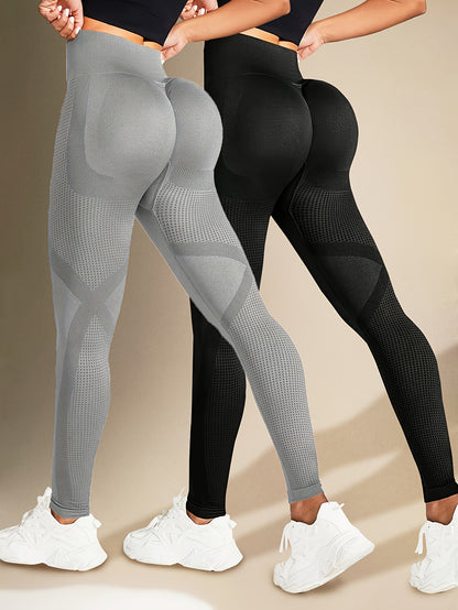 Two Solid Color High-Elasticity Fitness Yoga Leggings - Abdominal Control, Pleated, Elastic Waistband, Long Length, Made of Polyamide And Elastic Materials - Suitable for Women'S Activewear, Exercise, And All Seasons.