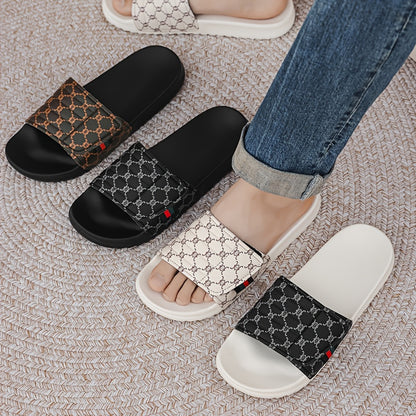 Men's Luxury Slip-On Slippers - Thick Cushioned EVA Sole & Soft PU Upper with Striped Pattern, All-Season Indoor/Outdoor House Shoes for Men, Comfortable Casual & Party Footwear (Black/White, Beige/Brown) - Unisex-Friendly De